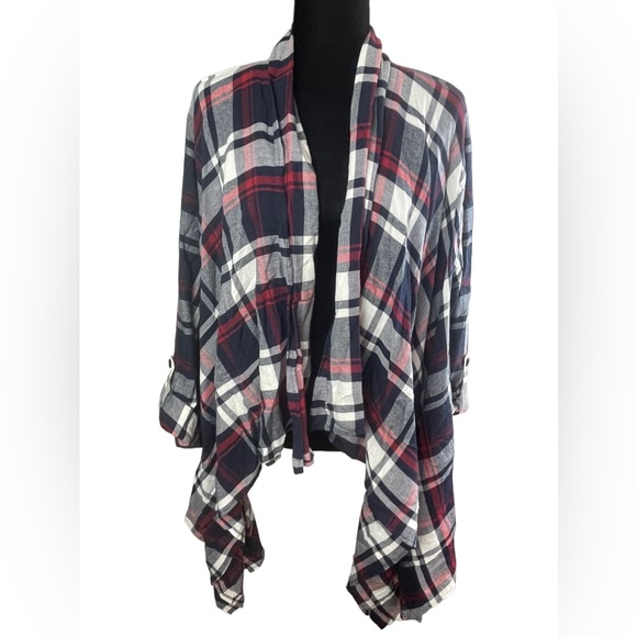 Cato’s Red & Blue Plaid Roll Tab Sleeves Asymmetrical Open front Cardigan shirt - Picture 5 of 8